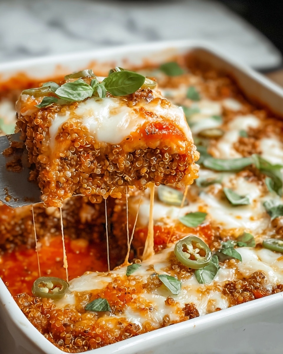 A white rectangular baking dish holds a thick, multi-layered quinoa casserole. The top layer is golden-brown cooked quinoa mixed with melted white cheese, dotted with green jalapeño slices and fresh green basil leaves. Below this, there is a bright red tomato sauce layer, rich and slightly glossy. Underneath the sauce, there is a dense layer of cooked ground meat or a similar textured filling, visible where a square portion is being lifted with a metal spatula. Strings of melted cheese stretch from the dish to the slice being served, emphasizing the gooey texture. The dish sits on a white marbled texture. photo taken with an iphone --ar 4:5 --v 7