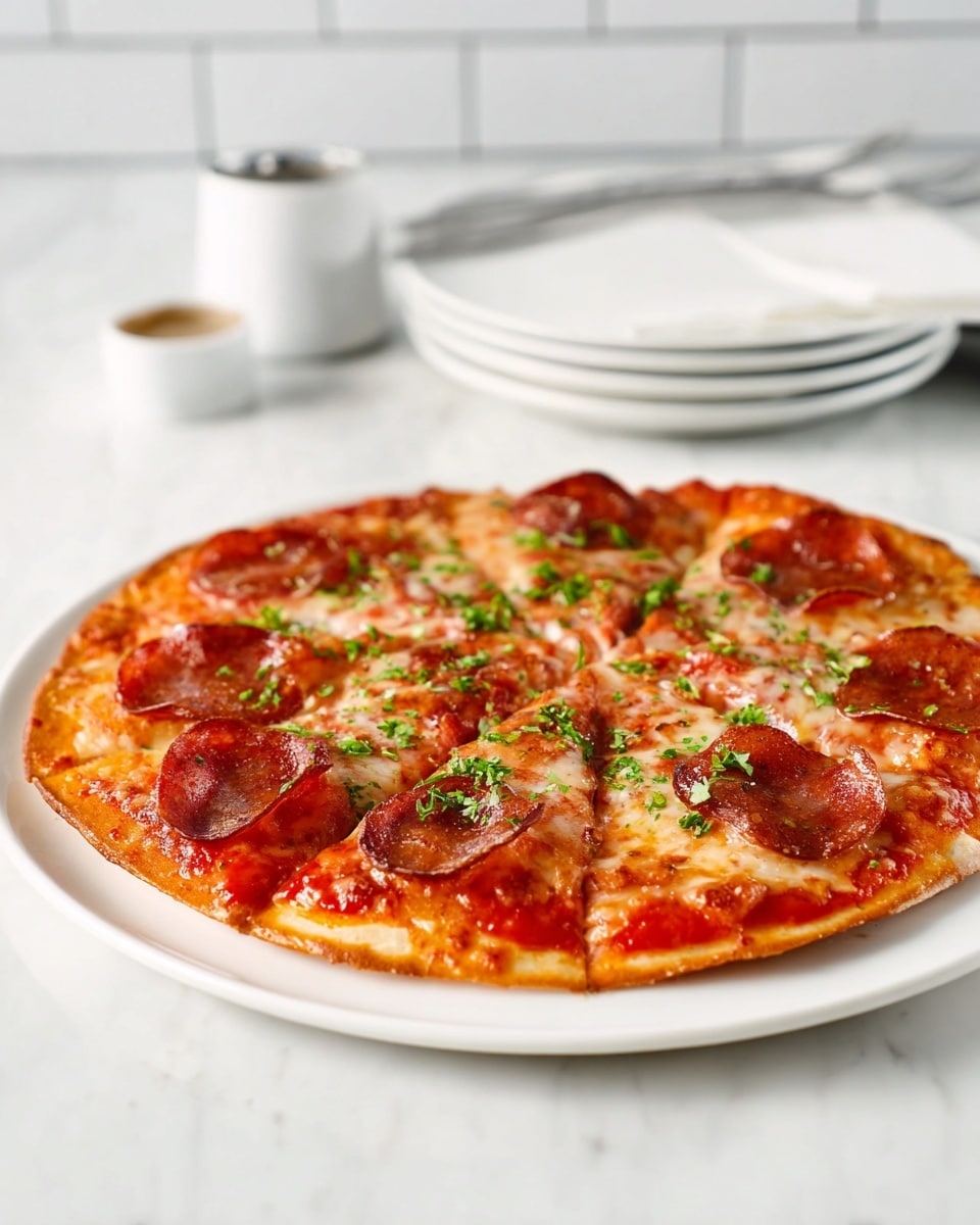 A thin pizza with one round layer of golden-brown crust is topped with a layer of bright red tomato sauce and a layer of melted light brown cheese. On top, there are evenly spread slices of dark red pepperoni, sprinkled with small bits of green herbs adding color contrast. The pizza is cut into eight triangular slices and served on a large white plate, placed on a white marbled surface with a few stacked white plates and a small white container blurred in the background. photo taken with an iphone --ar 4:5 --v 7