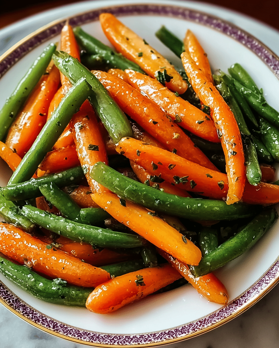 The dish shows a close-up view of a white plate with a decorative gold and purple rim filled with cooked baby carrots and green beans. The baby carrots are bright orange, smooth, and shiny, mixed evenly with smooth, bright green beans. Both vegetables look glossy, coated with herbs and small specks of black pepper, giving a fresh and seasoned look. The plate sits on a white marbled surface, with warm lighting enhancing the rich colors of the vegetables. photo taken with an iphone --ar 4:5 --v 7