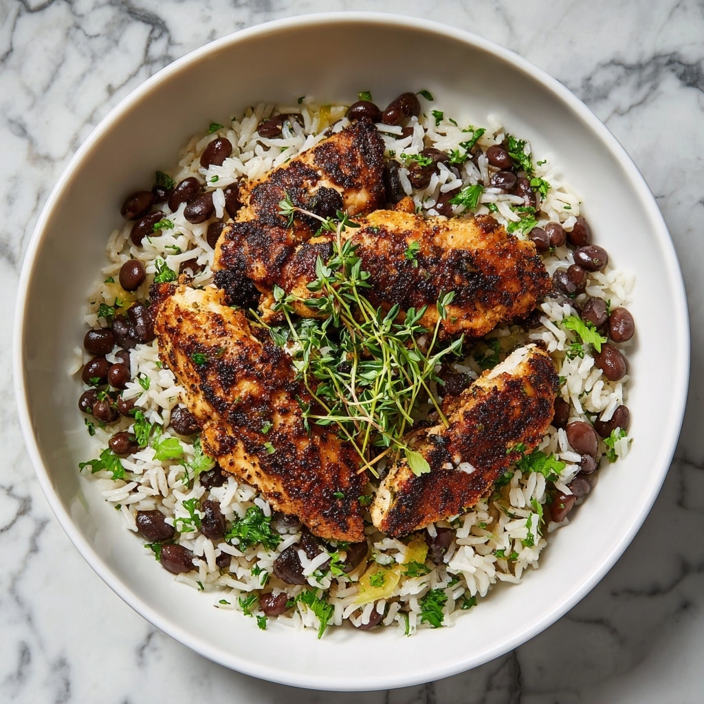 A white plate holds a layer of white rice mixed with black beans, creating a speckled effect. On top of the rice, there are four golden-brown chicken thighs, each generously coated with a dark, peppery seasoning that gives a slightly crispy texture. The chicken pieces have small green chopped scallions sprinkled over them for color contrast. A small sprig of fresh green herbs lies across the rice and chicken, adding a touch of freshness. The whole dish sits on a white marbled surface. photo taken with an iphone --ar 4:5 --v 7