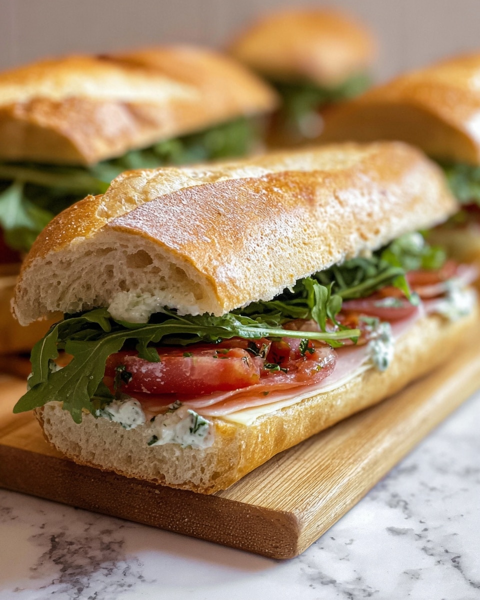 This image shows a sandwich on a white baguette bread with a crusty top and soft inside. The sandwich has four visible layers: the bottom is the bread, above it is a thin layer of sliced light yellow cheese, then fresh red tomato slices with bits of green herbs, followed by a thick layer of dark green leafy arugula. The top half of the bread has a spread of creamy white sauce with herbs. The sandwich is placed on a wooden board with two other similar sandwiches blurred in the background, all on a white marbled surface. Photo taken with an iphone --ar 4:5 --v 7