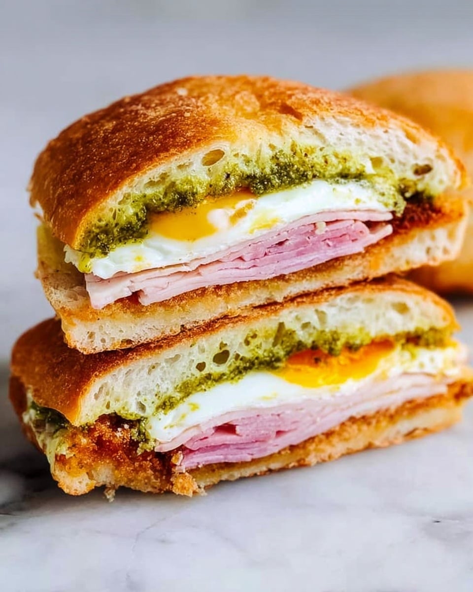 The image shows a sandwich cut in half, placed on a white marbled surface. The sandwich has three main layers inside a lightly toasted, golden-brown crusty bread roll. The bottom layer is a piece of crispy golden fried breaded chicken, followed by a thick slice of pinkish ham with some browned edges, and topped with a white fried egg with a slightly runny yolk. There is a greenish spread, likely pesto, just under the top bread piece, giving the sandwich a fresh, textured contrast. Photo taken with an iphone --ar 4:5 --v 7