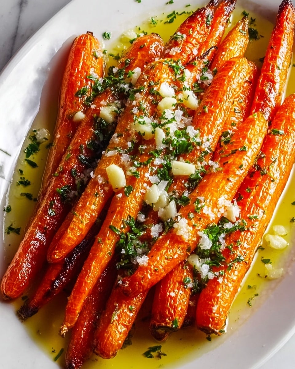 A white oval plate holds a single layer of shiny roasted carrots with a rich orange color, some parts slightly darkened from roasting, arranged side by side. The carrots are topped with small chunks of softened garlic and sprinkled with fresh green chopped herbs and coarse white salt crystals, all sitting in a small pool of golden oil that glistens under the light. The background is a white marbled surface. photo taken with an iphone --ar 4:5 --v 7