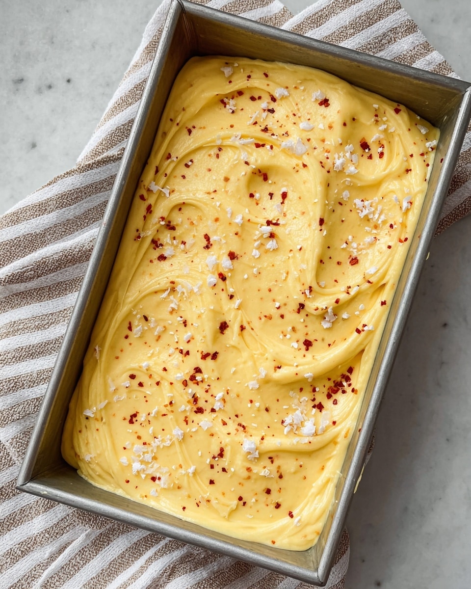 The image shows a rectangular metal container filled with a creamy yellow dessert that has a smooth, swirled texture on top. There are small white chunks scattered evenly over the surface, along with a light sprinkling of red spice or flakes, giving a bright contrast to the yellow cream. The container is placed on a white marbled surface, and the visible corner of a striped cloth is seen on the left side. photo taken with an iphone --ar 4:5 --v 7
