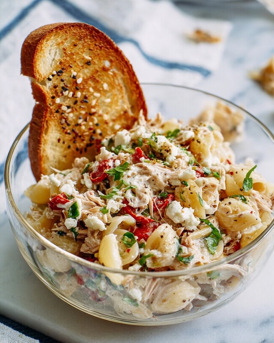 A clear glass bowl filled with a creamy pasta salad consisting of small shell-shaped pasta mixed with shredded chicken, white crumbled cheese, chopped green herbs, and pieces of roasted red peppers. A large slice of golden toasted bread with visible toasted sesame seeds is tucked into the bowl, standing upright behind the salad. The bowl is placed on a white marbled surface next to a white towel with thin blue stripes, with some scattered bread pieces in the background. Photo taken with an iphone --ar 4:5 --v 7