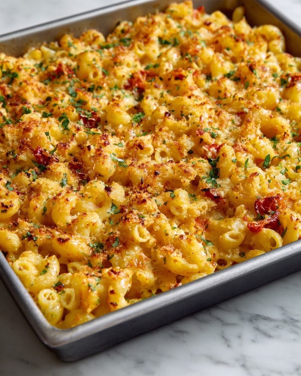 This image shows a close-up of a large baking tray filled with baked macaroni pasta. The macaroni pieces are golden yellow and mixed with small bits of cooked, slightly browned cheese or egg, red pieces of roasted tomato, and scattered green herbs. The pasta dish has a slightly crispy texture with some parts looking soft and moist, showing browning edges near the tray sides. The tray sits on a white marbled surface. photo taken with an iphone --ar 4:5 --v 7