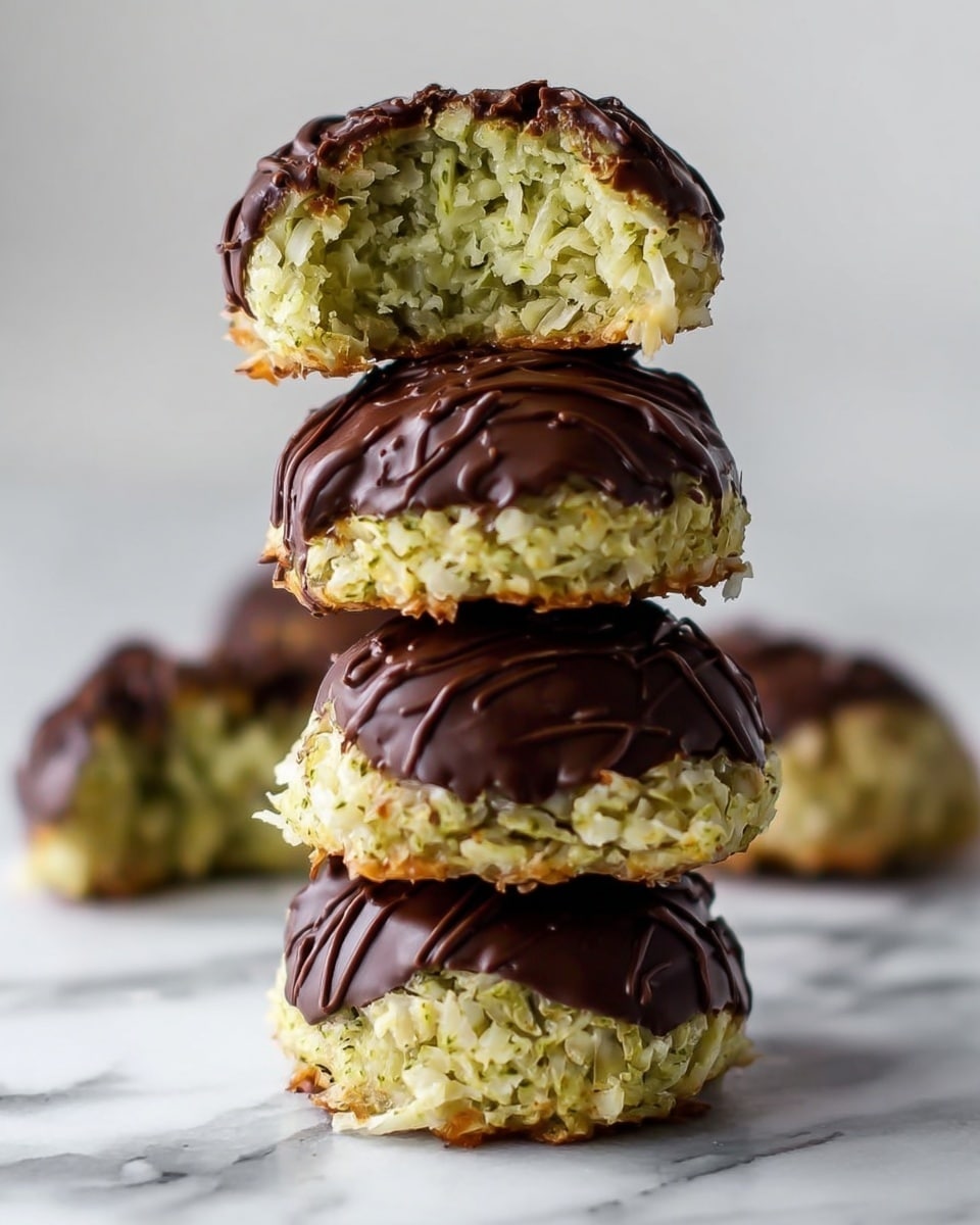 The image shows a stack of four coconut treats coated with chocolate on the bottom and drizzled on top. Each treat is round with a slightly rough, shredded texture from the coconut. The base of each layer is fully covered with dark chocolate, while the top part is a light greenish-yellow, indicating a flavored coconut mix. The top piece is cut in half, revealing the soft, dense, and moist interior with the same shredded texture. The stack is placed on a white marbled surface, with soft light emphasizing the glossy chocolate and the texture of the coconut. Photo taken with an iphone --ar 4:5 --v 7