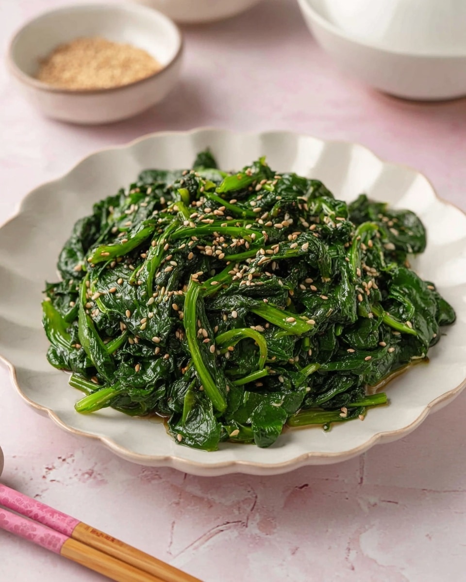 A white scalloped plate holds a single layer of cooked spinach, showing bright green and dark green leaves and stems mixed together with a shiny, slightly wet texture. On top, there are small light brown sesame seeds scattered evenly across the leaves. The plate is placed on a soft pink surface with a subtle white marbled texture, and in the background, there is a blurry round white bowl and another bowl with light brown seeds. A pair of wooden chopsticks with pink tips rests nearby. Photo taken with an iphone --ar 4:5 --v 7