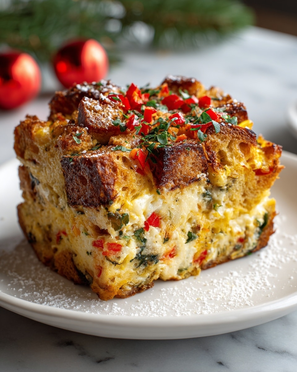 A close-up of a thick square slice of baked casserole on a white plate, showing about three layers. The bottom layer is soft and creamy, light yellow with small green herbs and red pepper pieces mixed inside. The middle layer has large, golden-brown toasted bread cubes standing out with a nice crust texture. The top layer is bubbly and golden, sprinkled with finely chopped green herbs and tiny red pepper bits, with a light dusting of powder on the plate around it. The background has holiday decorations blurred, including gold and red baubles, on a white marbled surface. photo taken with an iphone --ar 4:5 --v 7