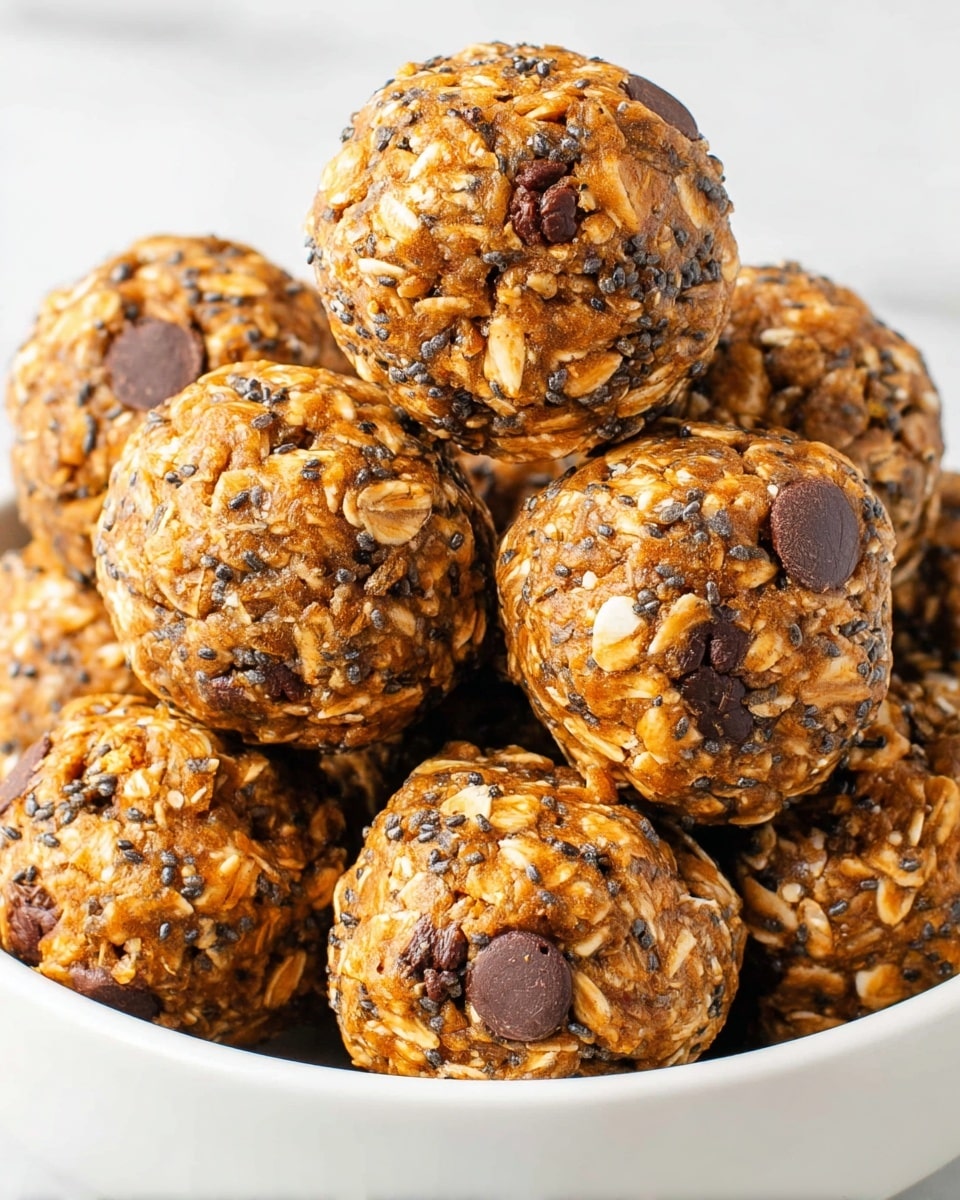 The image shows several round energy bites arranged in neat rows on a white marbled surface. Each bite has a rough texture made up of oats and is speckled with dark chocolate chips, giving a contrast of light brown and dark brown colors. The bites look soft but firm, and their surface is slightly uneven with visible bits of oats and chocolate pieces evenly spread. The lighting highlights the natural color and texture of the ingredients, making the snacks look fresh and homemade. Photo taken with an iphone --ar 4:5 --v 7