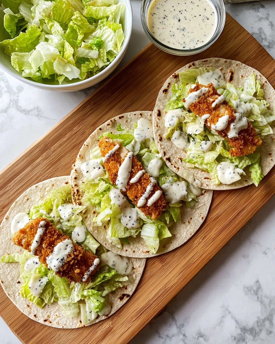 Three soft wheat tortillas lie flat on a wooden board, each topped with a layer of chopped light green lettuce. On top of the lettuce of each tortilla, there is a golden-brown crispy chicken strip placed in the center. Creamy white sauce with visible black pepper specks is drizzled generously over each chicken strip and some over the lettuce. To the upper left side of the board, a white bowl filled with chopped lettuce is visible, and behind it, a clear glass container holds more of the creamy sauce. The background is a white marbled surface. photo taken with an iphone --ar 4:5 --v 7