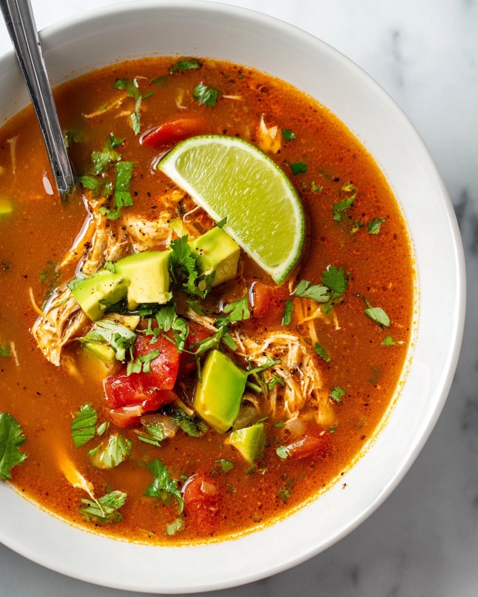 A white bowl filled with a thick, orange broth soup containing shredded chicken, chunks of red tomato, and small green avocado pieces. There is a wedge of lemon resting on the side of the bowl and a silver spoon placed inside. A woman's hand holding the spoon is visible at the edge of the bowl. The background surface is a white marbled texture. Photo taken with an iphone --ar 4:5 --v 7
