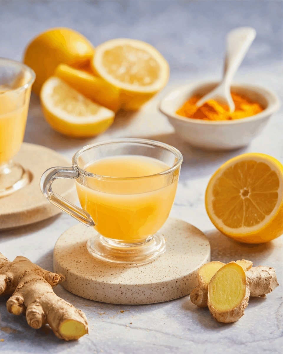 The image shows four clear glass jars filled halfway with a bright yellow liquid, placed on a white marbled surface. The jars are arranged in a casual group, with one jar in the foreground and the rest slightly blurred in the background, creating a sense of depth. The texture of the liquid looks smooth and thick, with a rich, vibrant yellow color typical of turmeric. To the side, on the white marbled surface, there is a small white bowl containing some dark small pieces, perhaps pepper, and a silver spoon resting on its edge. The overall scene is lit softly, emphasizing the bright color of the turmeric drink. photo taken with an iphone --ar 4:5 --v 7