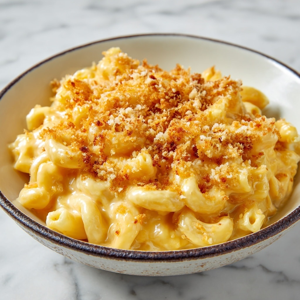 A close-up view of a white bowl filled with creamy macaroni and cheese. The dish has two visible layers: the bottom layer consists of smooth, shiny, golden-yellow macaroni pasta, and the top layer is covered with small, crumbly, toasted brown breadcrumbs scattered evenly. The bowl sits on a white marbled surface, and the overall texture looks soft and creamy. Photo taken with an iphone --ar 4:5 --v 7