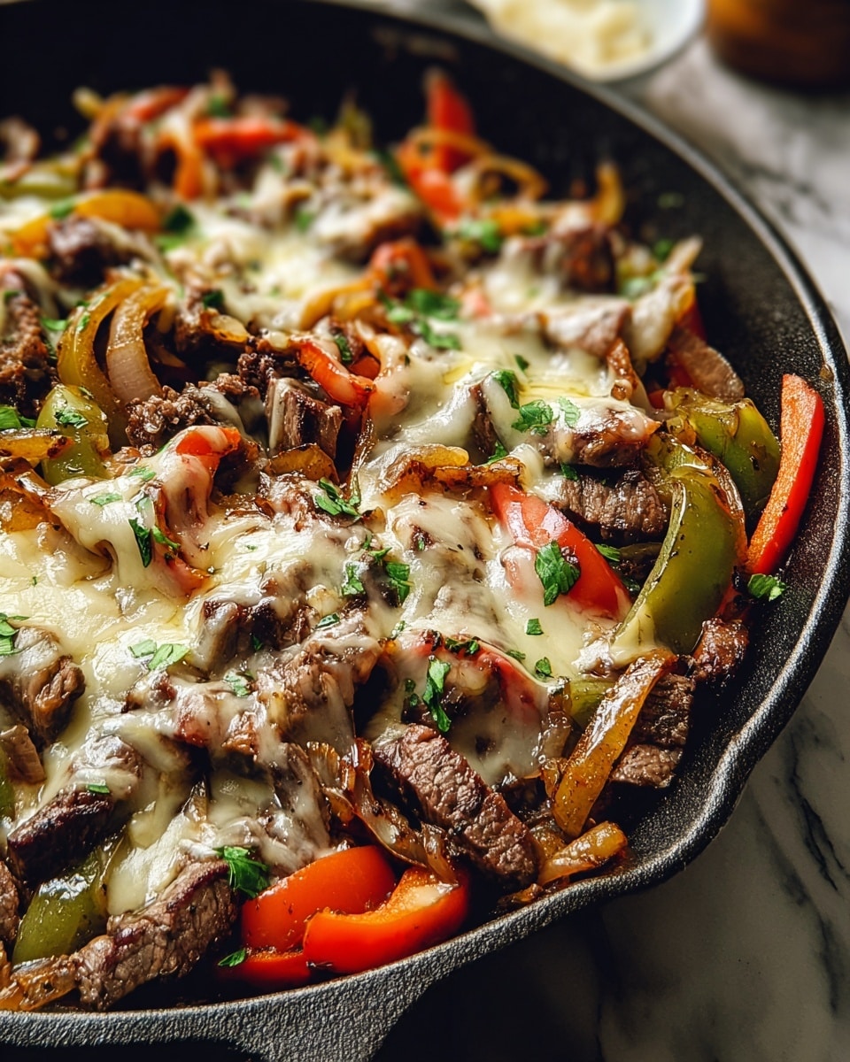 A close-up of a cooked dish in a black cast iron pan sitting on a white marbled surface, featuring a loaded mix of ingredients layered together. The bottom layer appears to be a base of melted cheese with a golden yellow color. Above that, there are pieces of cooked beef chunks with a dark brown texture, scattered throughout. Bright red and green bell pepper slices are spread evenly on top, adding vibrant pops of color. The whole dish is topped with more melted cheese, slightly browned in spots, covering the ingredients well. The colors and textures make this dish look warm and inviting. Photo taken with an iphone --ar 4:5 --v 7