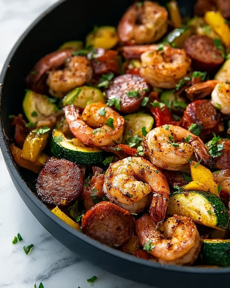 A close-up view of a black pan filled with cooked shrimp and slices of browned sausage, mixed with pieces of yellow bell pepper and zucchini. The shrimp are pink and curled with a slight char texture, while the sausage slices are deep brown with a caramelized surface. The vegetables add color contrast with their bright yellow and green tones, and small green herbs are sprinkled on top, adding a fresh touch. The background is a white marbled texture. photo taken with an iphone --ar 4:5 --v 7
