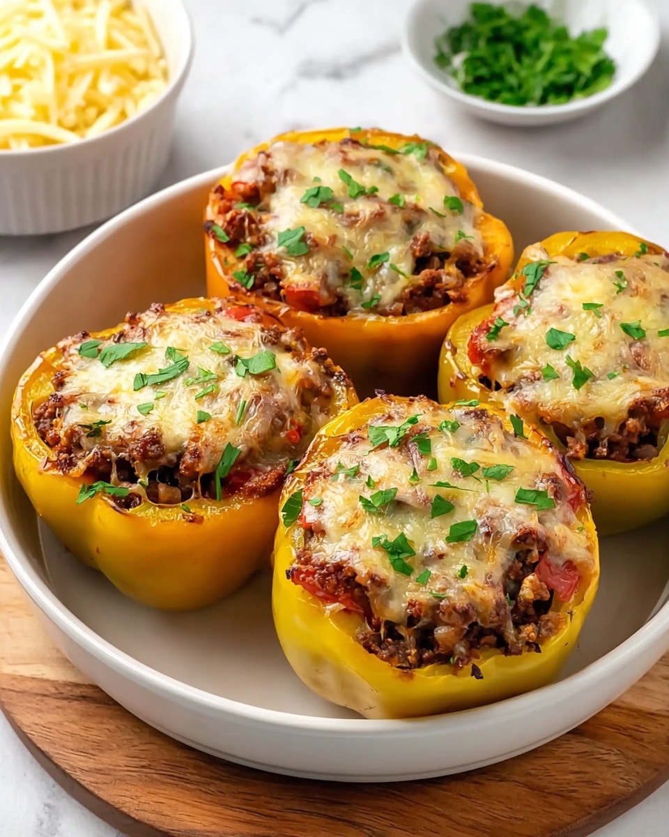Four stuffed yellow bell pepper halves sit in a white round dish on a wooden board over a white marbled surface. Each pepper has three layers visible: the yellow pepper shell as the bottom layer, a middle layer of cooked ground meat mixed with small pieces of red vegetables, and a top layer of melted golden-brown cheese sprinkled with fresh chopped green herbs. In the background, a white bowl filled with shredded cheese is partly visible. The dish looks warm and slightly browned on top photo taken with an iphone --ar 4:5 --v 7
