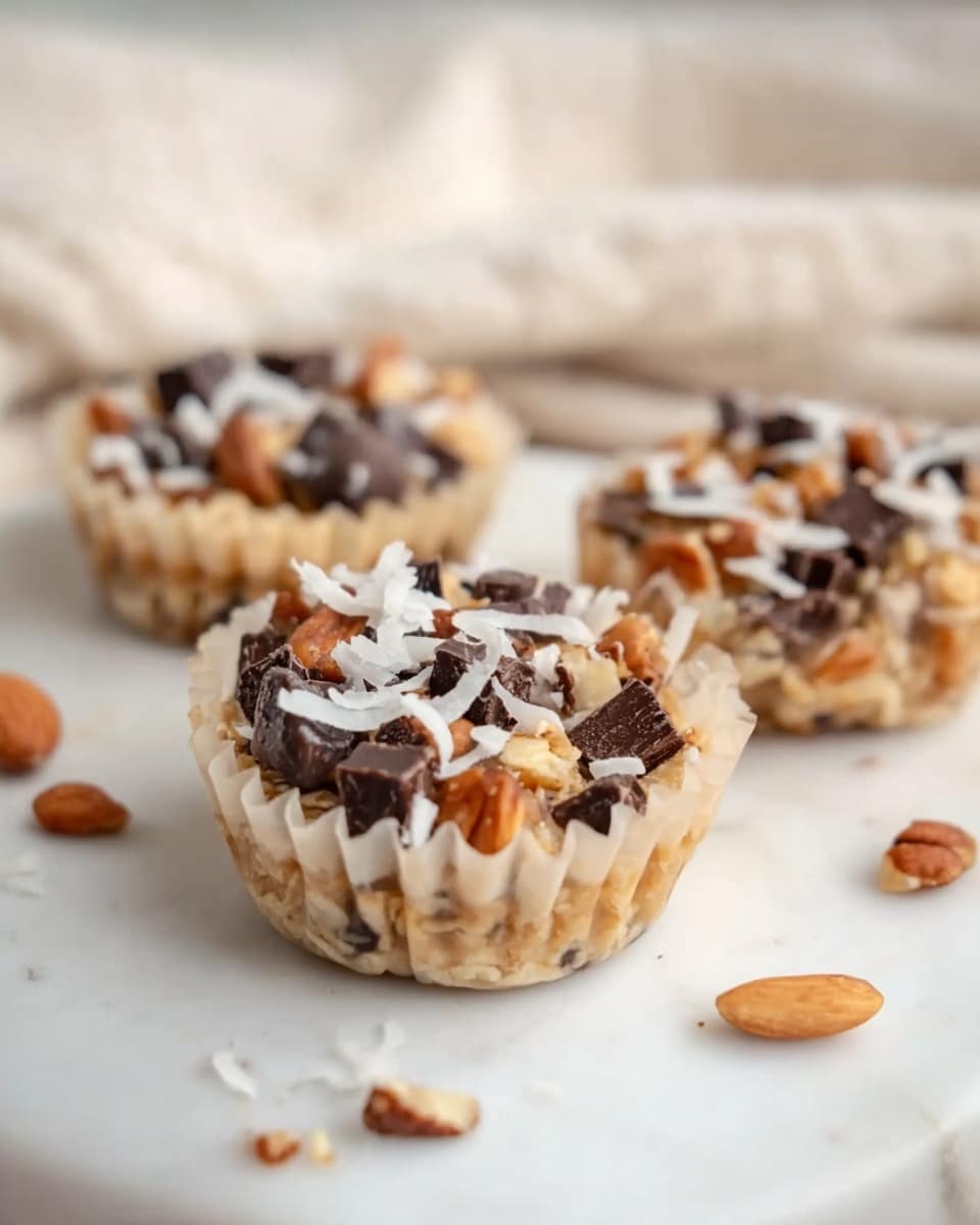 The image shows three small round treats arranged on a white marbled surface. Each treat has a base layer that appears light beige and soft, likely made with oats or a similar ingredient. On top of this base are chunky layers of dark brown chocolate chips and chopped light brown nuts scattered generously across the surface. Thin white shreds, likely coconut, are sprinkled among the chocolate and nuts, adding texture and a slight color contrast. The treats sit inside pale crinkled liners, giving them a neat, individual shape. In the background, there is a blurred white and soft fabric, adding a cozy atmosphere to the scene. photo taken with an iphone --ar 4:5 --v 7