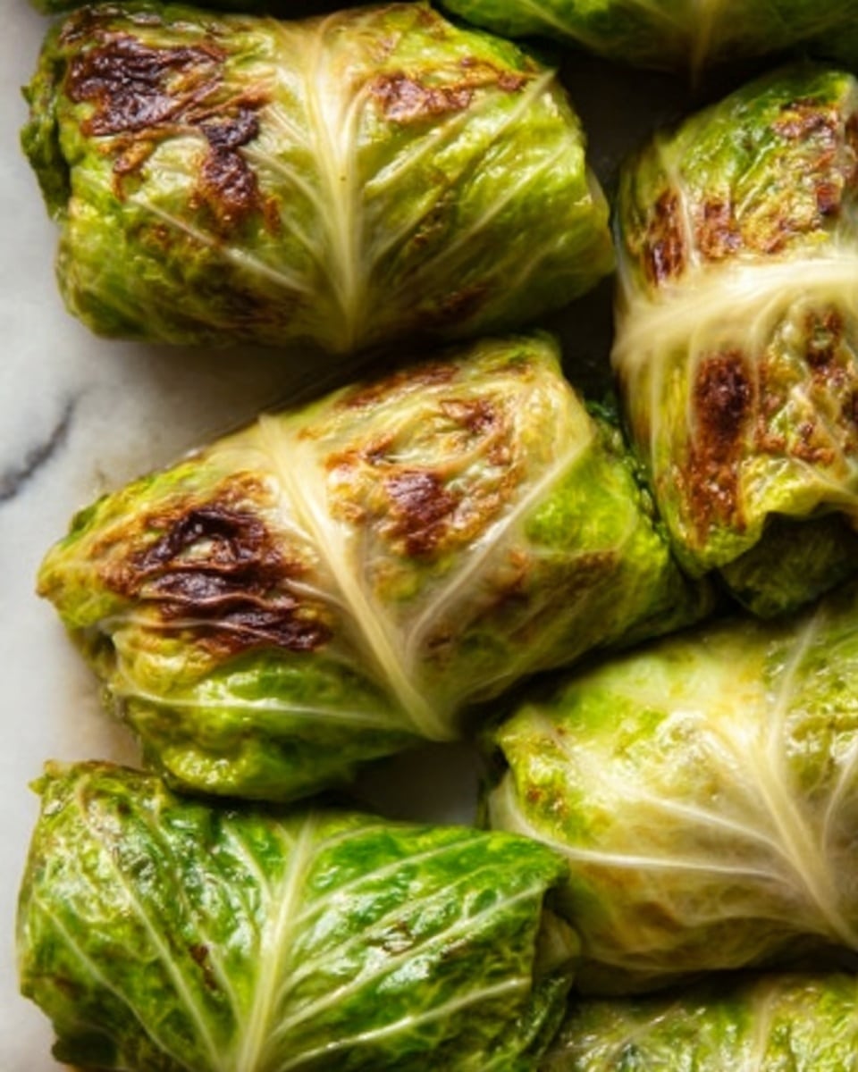 The image shows a white baking dish filled with eight stuffed cabbage rolls. Each roll is wrapped in a wrinkled, cooked green cabbage leaf with browned, slightly charred spots on the top and sides. The cabbage leaves have a glossy texture from cooking, and small pieces of bright green parsley are sprinkled on and around the rolls. The baking dish has light brown baked marks around the edges and is placed on a wooden surface with a white marbled texture visible near it. A silver fork handle is partly seen at the bottom right corner. Photo taken with an iphone --ar 4:5 --v 7