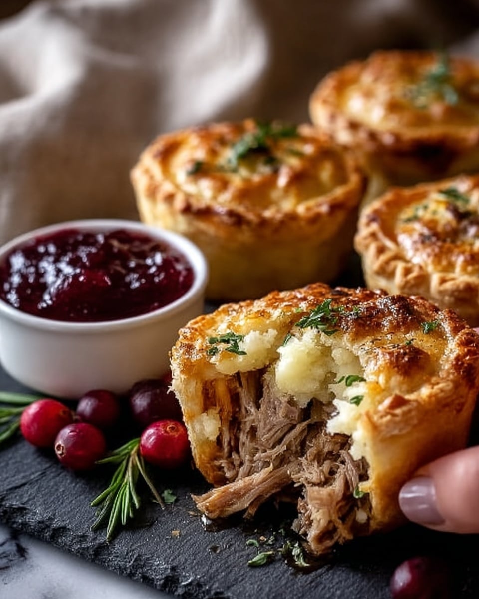 The image shows small round meat pies with golden brown crusts, some lightly browned and sprinkled with green herbs on top. One pie is cut open, revealing layers of shredded tender meat mixed with soft, creamy mashed potatoes inside. The pies sit on a dark slate board, beside a small white bowl filled with bright red berry sauce. Scattered fresh cranberries and green sprigs add color around the board. The background is a softly folded beige cloth over a white marbled surface. A woman's hand holds the open meat pie in the foreground. Photo taken with an iphone --ar 4:5 --v 7