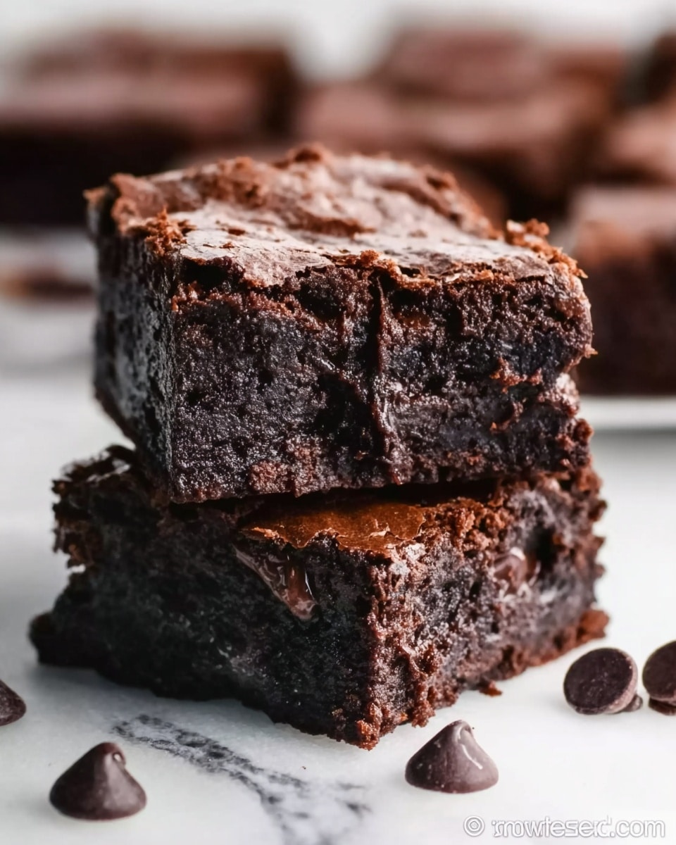 The image shows a close-up of two thick, square brownies stacked on top of each other on a white marbled surface. The brownies have a dark, rich chocolate color with a slightly shiny, cracked top layer. The inside looks moist and dense with a soft texture, featuring tiny chocolate chunks or chips visible within. Around the brownies are a few scattered chocolate chips, adding contrast to the smooth surface. The background is softly blurred, keeping the focus on the deep, dark chocolate tones of the brownies. Photo taken with an iphone --ar 4:5 --v 7