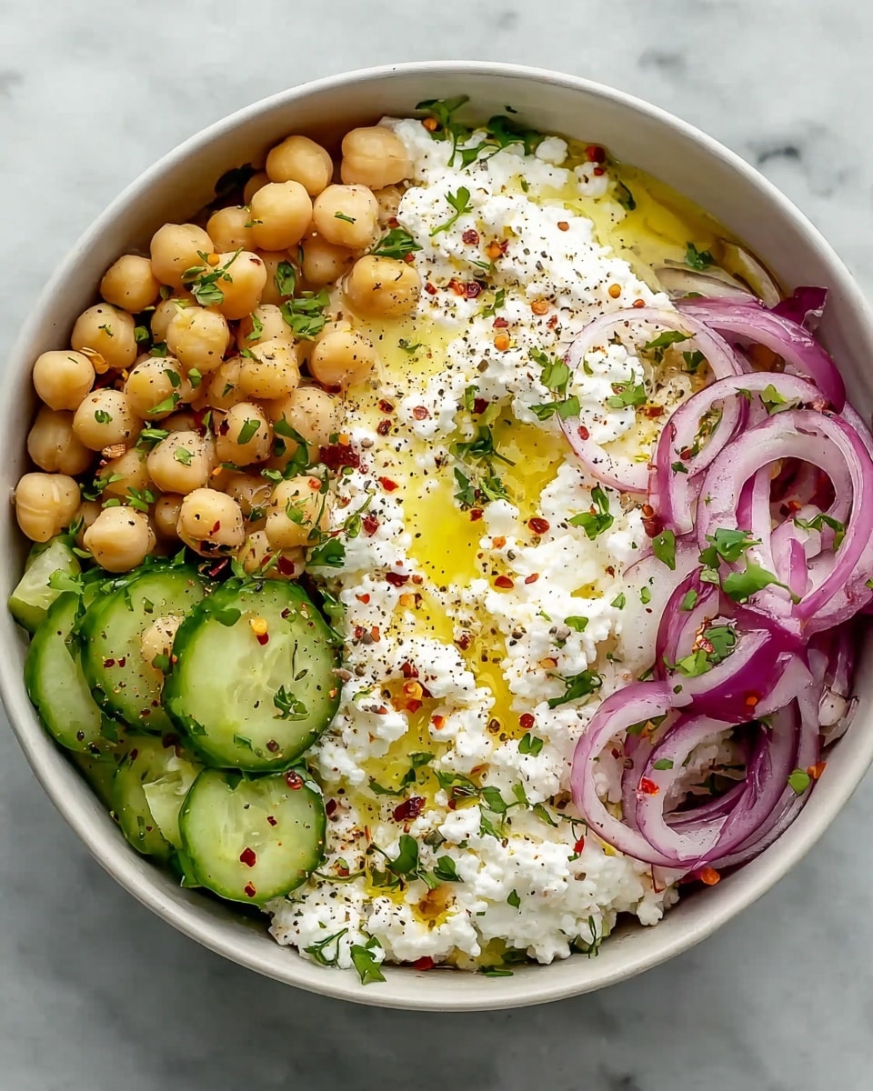 A white, round bowl holds a fresh salad with three main layers of ingredients. On the left side, there is a layer of light beige chickpeas mixed with small bits of green herbs. The middle section features a thick layer of white cottage cheese with a soft and crumbly texture, drizzled with golden olive oil and sprinkled with black pepper and red chili flakes. On the right side, there are sliced green cucumber rounds layered next to thin rings of purple-red onion. All ingredients rest on a white marbled surface, with small green herb leaves spread across for garnish. Photo taken with an iphone --ar 4:5 --v 7