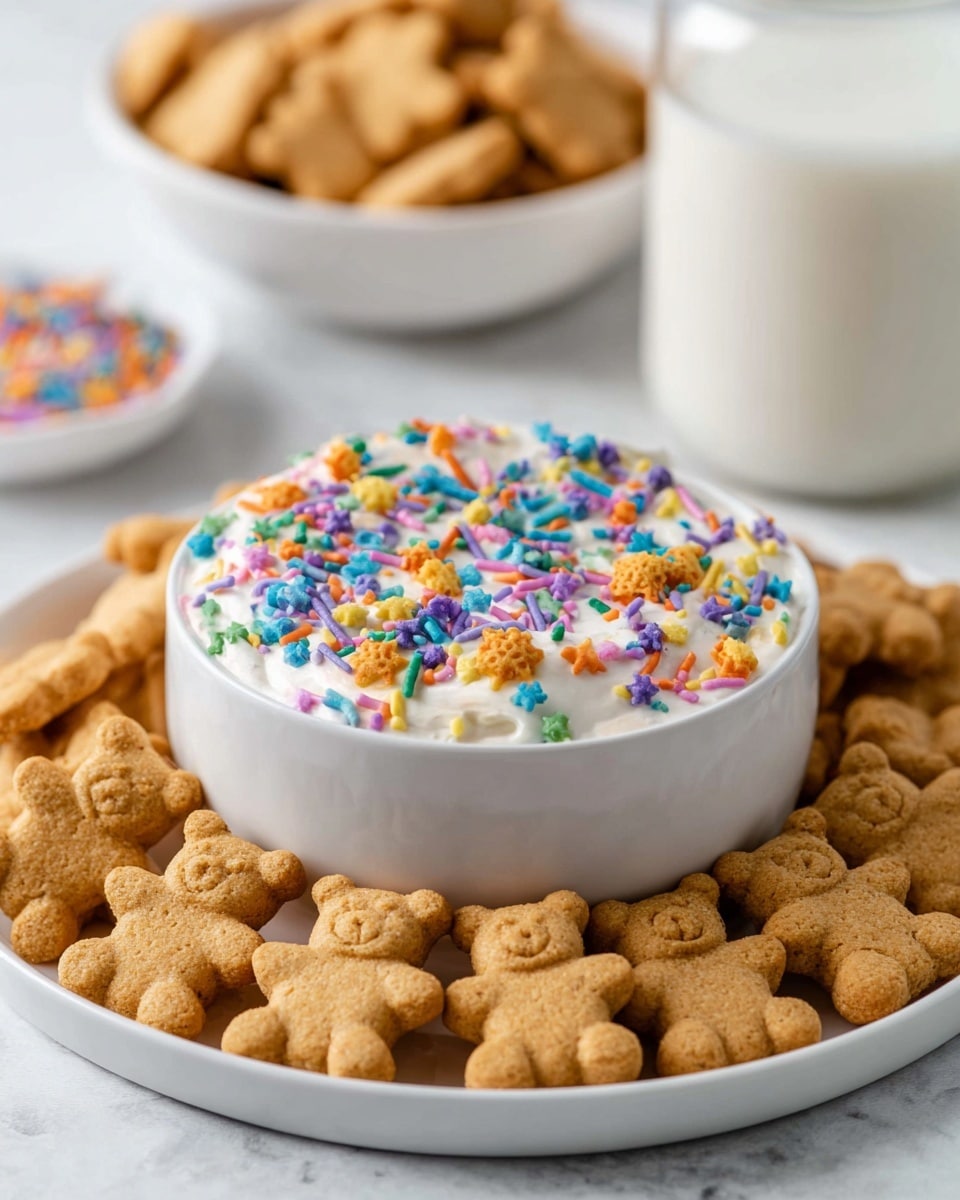 A white round plate filled with small teddy bear-shaped graham crackers, surrounding a white bowl in the center. The bowl is filled with creamy white dip topped with colorful sprinkles in blue, orange, pink, purple, yellow, and green. In the background, there is a white bowl with more graham crackers and a glass jar of milk on a white marbled textured surface. photo taken with an iphone --ar 4:5 --v 7