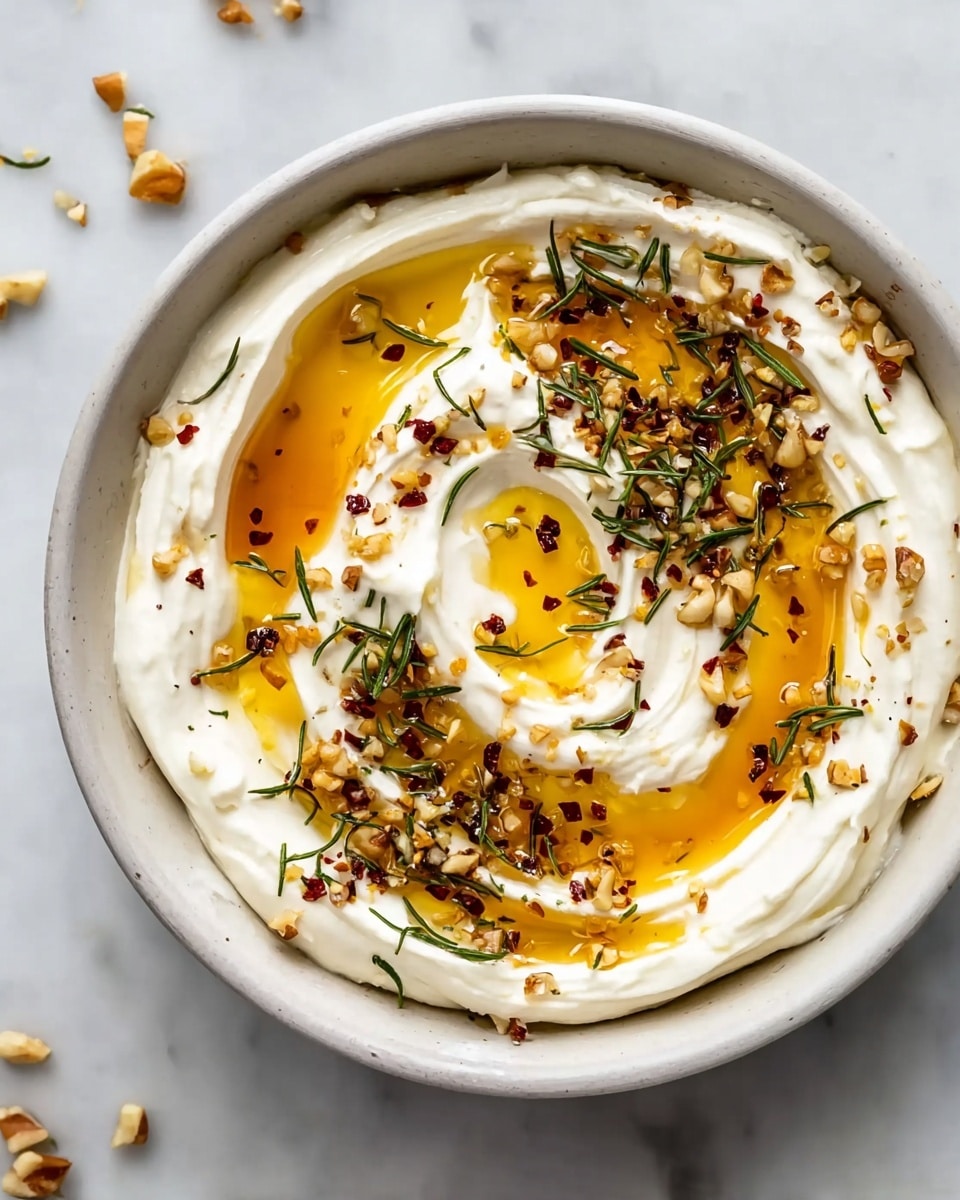 A shallow white bowl holds a creamy white ricotta cheese spread with a soft, fluffy texture that fills the bowl in one thick layer. Golden honey is drizzled over the cheese in a swirl pattern, pooling slightly in low spots and creating a glossy amber contrast against the white base. On top of the honey and cheese are crunchy walnut pieces scattered mostly in the center, adding a rich brown color and rough texture. Small green rosemary sprigs are placed among the walnuts for a touch of color and freshness. In the background, blurred white bread slices are stacked, showing a light crust and airy crumb. The dish sits on a white marbled surface with a white cloth beneath, accented by a few stray rosemary leaves. photo taken with an iphone --ar 4:5 --v 7
