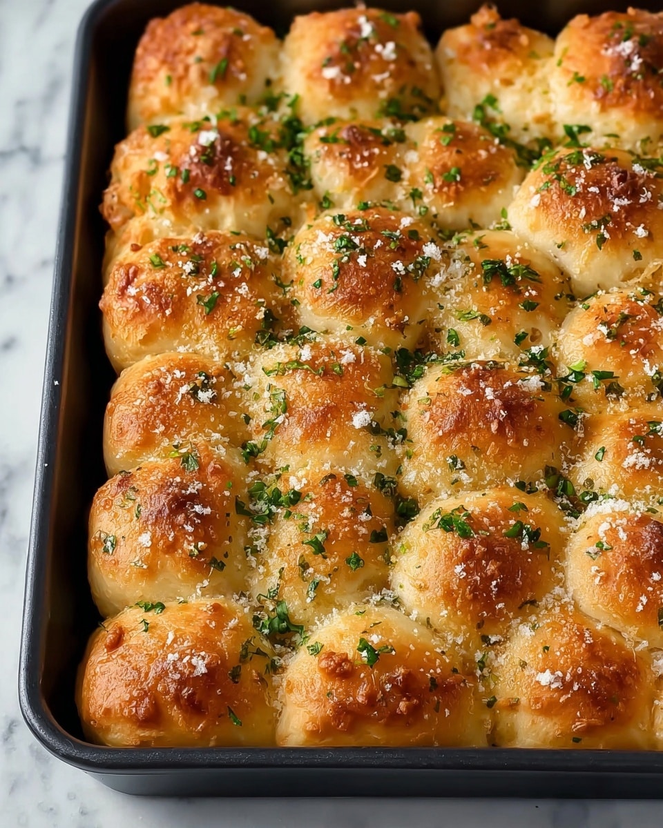 A tray of golden-brown, pull-apart bread rolls sits in a black baking pan on a white marbled surface, each roll having a slightly shiny and crispy top sprinkled with green chopped herbs and grated white cheese. The bread pieces are round and puffy, packed closely in a grid pattern covering the entire pan, with some areas showing a light crispness and a soft, airy texture inside. The herbs scatter evenly over the surface, adding a fresh color contrast to the warm tones of the bread crust. photo taken with an iphone --ar 4:5 --v 7