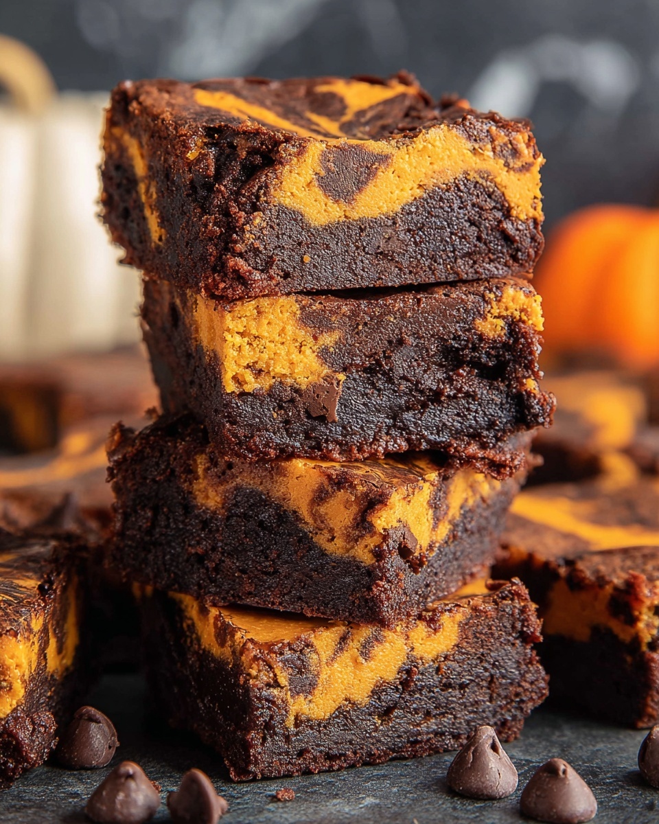 A stack of four square brownies is shown, each with two distinct layers swirling together: a rich dark brown chocolate layer with a moist, dense texture and visible chocolate chunks, and a vibrant orange layer that is smoother and creamy, blending with the chocolate in a marbled pattern. The brownies have clean edges and are piled on top of each other on a dark surface, with some crumbs and chocolate chips around the base and more brownies blurred in the background on a white marbled texture. The warm lighting highlights the gooey texture of the chocolate and the softer pumpkin-like orange layer. Photo taken with an iphone --ar 4:5 --v 7