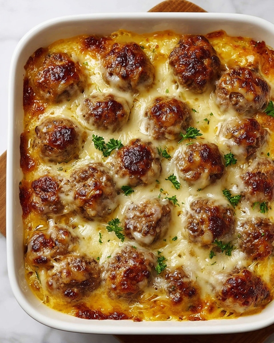 A white casserole dish filled with one layer of round, browned meatballs that sit on a layer of melted, golden yellow and white cheese, sprinkled with small green herb pieces. The cheese has a slightly bubbly texture around the edges and between the meatballs, with some areas showing melted strands stretching softly. The top surface shows a mix of juicy, crispy brown and gooey melted textures, creating an inviting baked look. The casserole is placed on a white marbled texture background. Photo taken with an iphone --ar 4:5 --v 7