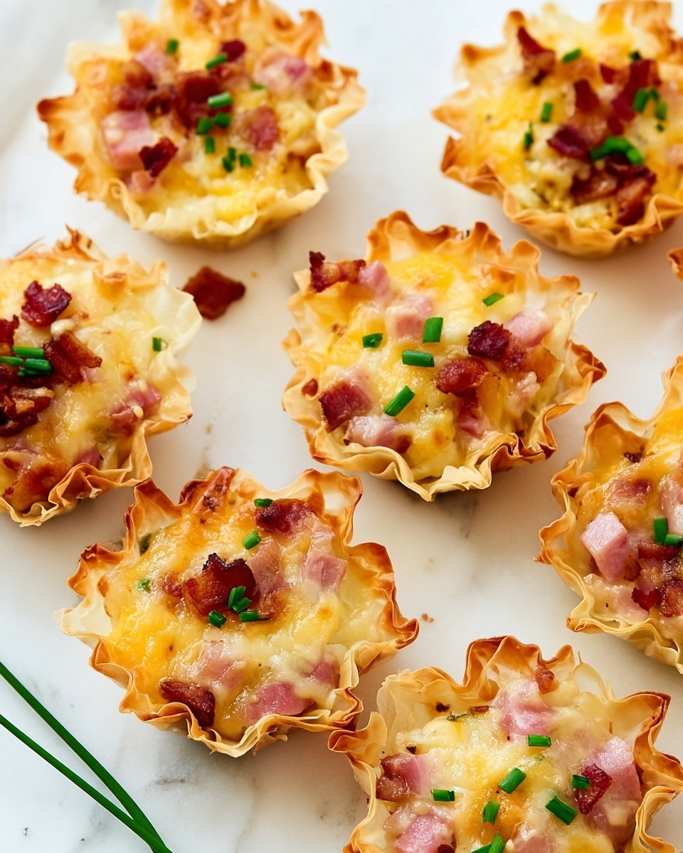 Several mini phyllo cups are arranged on a white marbled surface. Each cup has three visible layers: a crispy, light golden brown phyllo shell with wavy edges forming the base; inside is a creamy, yellowish cheese layer partially melted and mixed with bits of pinkish ham and reddish-brown bacon pieces; the top is garnished with small green chive slices. The colors are warm and inviting with a mix of yellow, pink, brown, and fresh green; the texture contrasts between crunchy phyllo and smooth cheese filling. A few whole chive sprigs lie on the surface near the cups. photo taken with an iphone --ar 4:5 --v 7