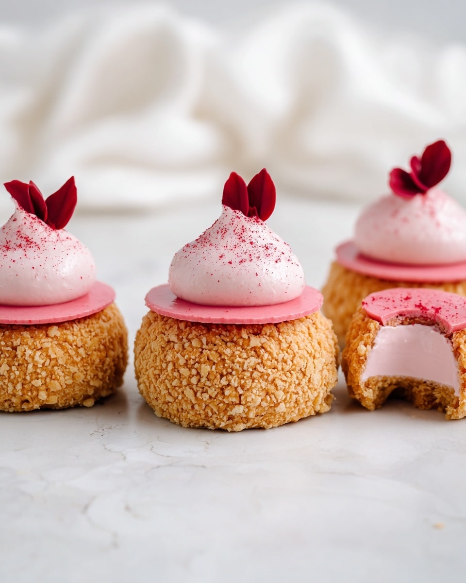 The image shows three round pastries with a rough, golden-brown textured base that looks crunchy. Each pastry has a thin, bright pink disk on top, followed by a dollop of light pink whipped cream with a smooth, fluffy texture, sprinkled lightly with red powder. A small, deep red leaf decoration sits delicately on the whipped cream of the two whole pastries. The pastry on the right has a bite taken out of it, revealing a creamy, light pink filling inside that is smooth and glossy. All pastries are placed on a white marbled surface with soft white fabric blurred in the background. photo taken with an iphone --ar 4:5 --v 7