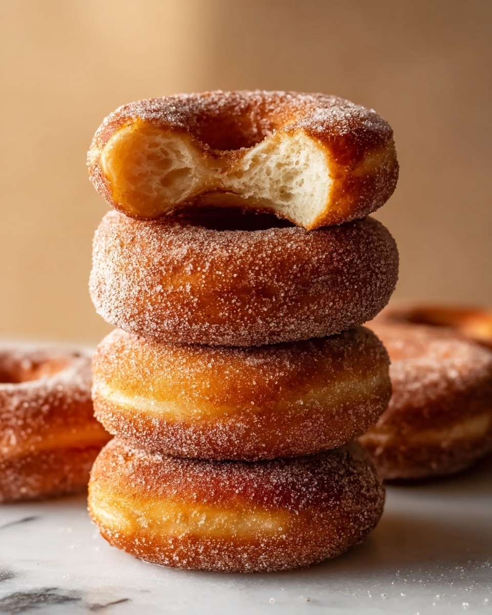 A stack of four golden brown doughnuts coated in fine sugar, placed on a white marbled surface. The top doughnut shows a bite taken out of it, revealing a soft, light, and fluffy inner texture with a slightly crunchy outer layer. Each doughnut has a smooth round shape with a hole in the middle, and the sugar coating gives them a slightly sparkling, textured appearance. The background is softly blurred with warm neutral tones, enhancing the focus on the doughnuts. photo taken with an iphone --ar 4:5 --v 7