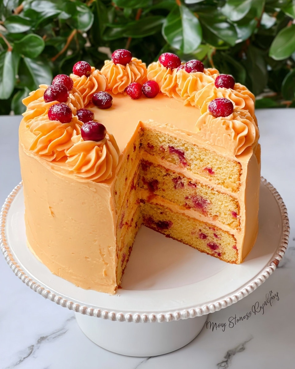 A three-layer round cake with light orange frosting covers the outside and top. Each cake layer is golden yellow with small red specks, separated by a thin layer of darker red jam and light creamy filling. The top edge of the cake is decorated with swirls of the same light orange frosting, each swirl topped with a shiny red cranberry. One slice is cut out, showing the detail of the inside layers. The cake sits on a white plate with a decorative beaded edge, placed on a surface with a white marbled texture, and green leaves make the background. photo taken with an iphone --ar 4:5 --v 7