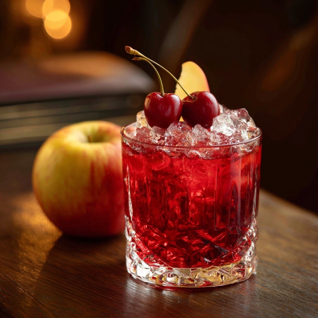 A short clear glass with a decorative textured surface is filled with bright red liquid and many ice cubes, creating a chilled look. On top, two glossy red cherries rest among the ice, adding a fresh detail. A small yellow-red apple with a visible brown stem is placed on the rim of the glass, contrasting with the red drink. The glass sits on a shiny wooden surface with warm lighting in the background, giving a cozy atmosphere. photo taken with an iphone --ar 4:5 --v 7