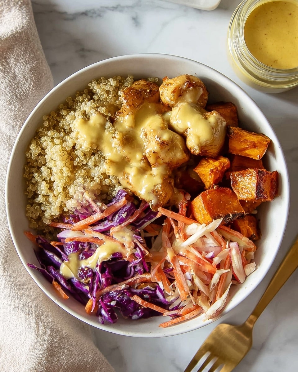 A white bowl shows four distinct layers of food neatly arranged side by side: light beige quinoa with a fluffy texture on the left, bright purple and orange shredded cabbage and carrot slaw mixed with a light dressing in front, golden brown roasted sweet potatoes with a slightly crispy surface on the right, and caramelized pieces of glazed chicken with a shiny, sticky coating at the back. Behind the bowl, there is a glass jar with a yellowish sauce dripping down the sides, all placed on a white marbled surface with a soft beige cloth and white tiled background. A gold spoon is partly visible on the left edge. Photo taken with an iphone --ar 4:5 --v 7