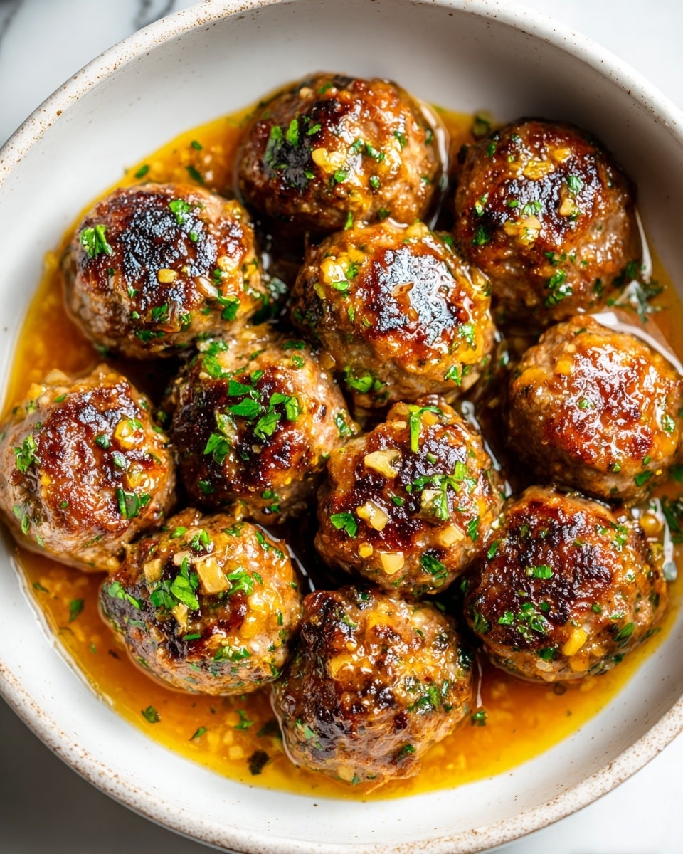 A bowl filled with about a dozen golden-brown meatballs covered in a glossy, oily sauce with visible bits of garlic and chopped green herbs sprinkled on top. The meatballs have a crispy, slightly charred texture with a mix of darker and lighter brown spots, and the sauce has a rich amber color pooling around the meatballs. The bowl is white with a light speckled rim, placed on a white marbled surface. photo taken with an iphone --ar 4:5 --v 7