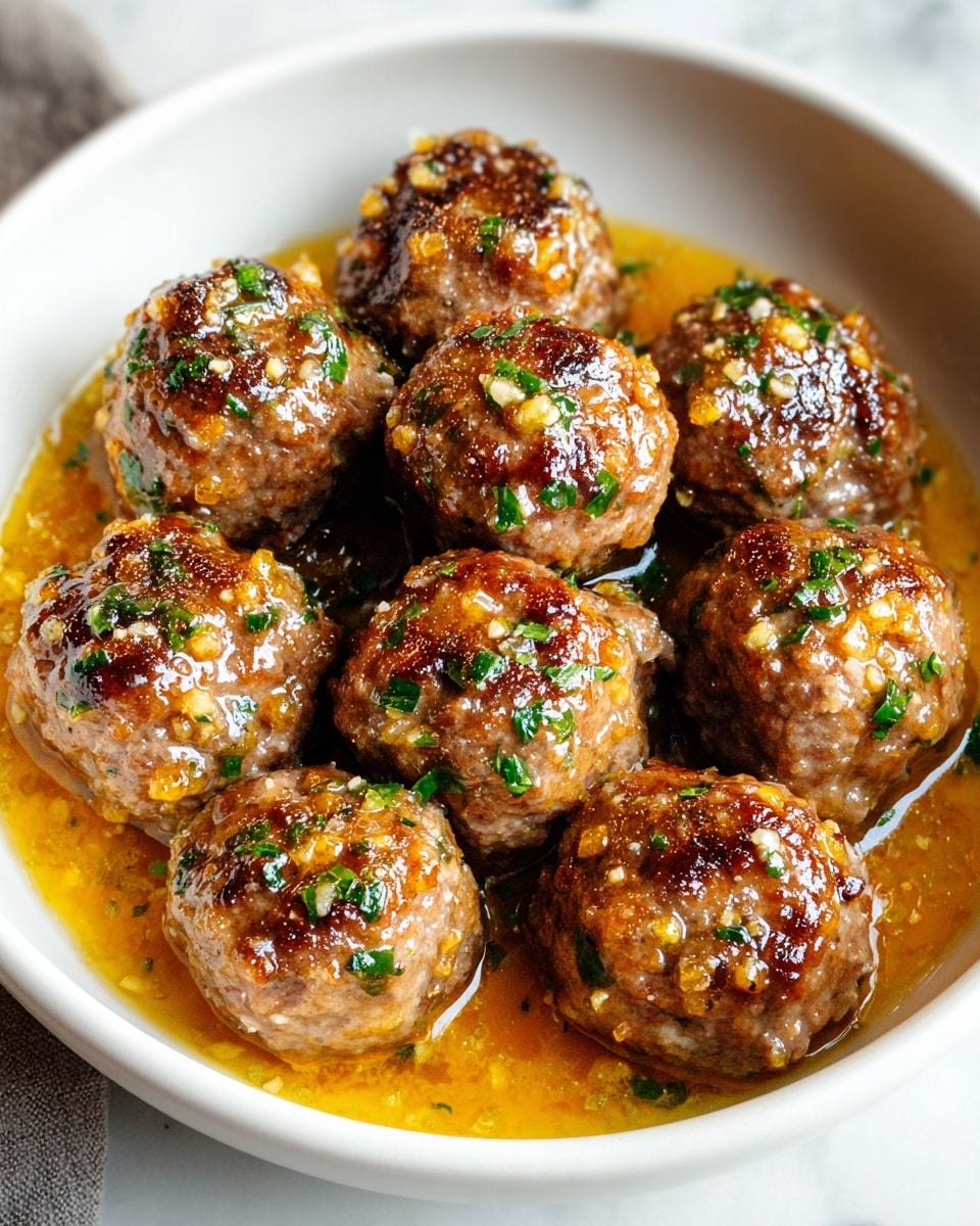 A white bowl filled with twelve browned meatballs, each glossy with a light oily sauce. The meatballs have a rough texture and are sprinkled with finely chopped green herbs and small bits of white seasoning. The sauce is golden-orange, pooling around the meatballs and giving a shiny, wet look. The bowl sits on a white marbled surface. photo taken with an iphone --ar 4:5 --v 7