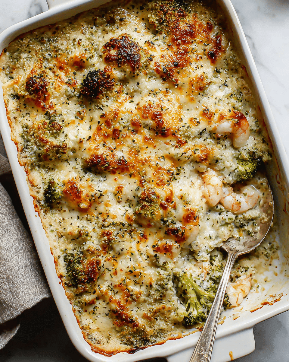 A white rectangular baking dish filled with a thick, creamy casserole topped with golden brown melted cheese and small charred spots. The dish shows a mix of white and greenish textures, with visible pieces of broccoli and small shrimp scattered throughout. There are herbs sprinkled over the surface, adding flecks of green and dark tones. A silver spoon is partially submerged on the right side of the dish. The background is a white marbled surface with soft natural light. photo taken with an iphone --ar 4:5 --v 7