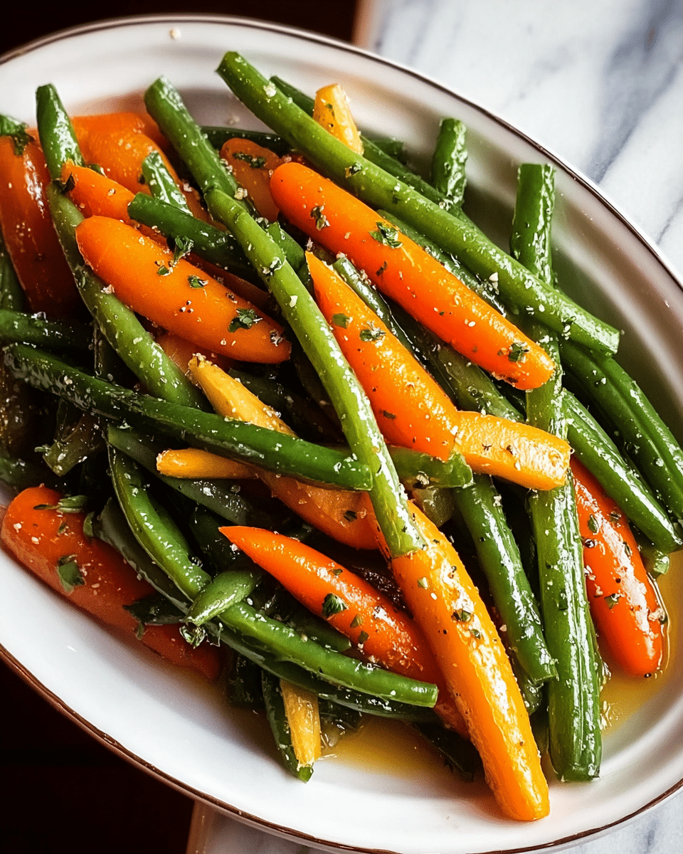 A white oval plate holds a mix of cooked green beans and baby carrots. The green beans are bright green, long, and slim with a shiny, slightly oily surface, while the baby carrots are vibrant orange, smooth, and also shiny, showing a light glaze. The vegetables are mixed in layers, with some green beans crossing over the carrots. Small specks of black pepper and herbs are sprinkled evenly on top, adding texture and color contrast. The plate sits on a white marbled surface with warm lighting that highlights the fresh and glossy look of the vegetables. photo taken with an iphone --ar 4:5 --v 7