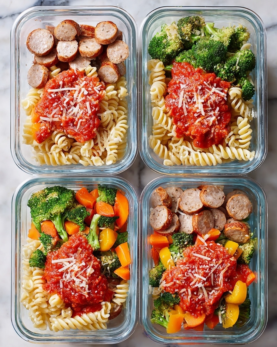 The image shows four clear glass meal prep containers arranged in a 2x2 grid on a white marbled surface. Each container has three main layers: at the top left corner, evenly sliced sausage pieces with a light brown texture, next to them a portion of light-colored spiral pasta forming a base layer. On top of the pasta in the center, there is a bright red tomato sauce with a slightly chunky texture, sprinkled with grated cheese. At the bottom right corner, vibrant mixed vegetables including green broccoli, orange carrots, and yellow squash fill the remaining space. The meal looks fresh and neatly organized. Photo taken with an iphone --ar 4:5 --v 7