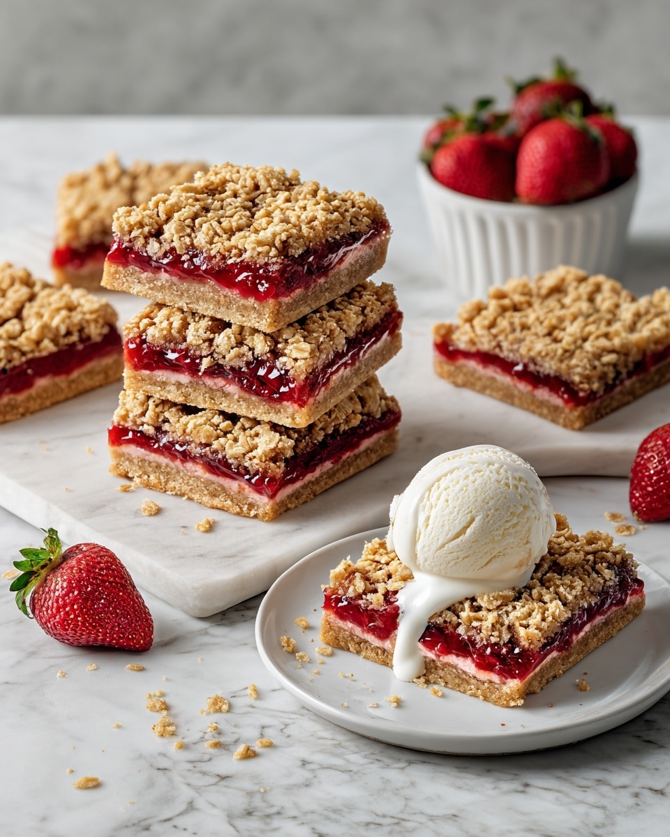 The image shows a close-up of six square oat and berry crumble bars arranged on a white marbled surface, with four bars stacked in a neat pile at the center. Each bar has three visible layers: a golden oat crumb crust at the bottom, a bright red berry jam layer in the middle, and a textured golden crumble topping sprinkled with oats on top. On the right, one bar with the same three layers sits on a white plate, topped with a scoop of creamy vanilla ice cream that is melting slightly and dripping down the sides. In the background, there is a small white bowl filled with fresh red strawberries, adding a fresh touch. Photo taken with an iphone --ar 4:5 --v 7