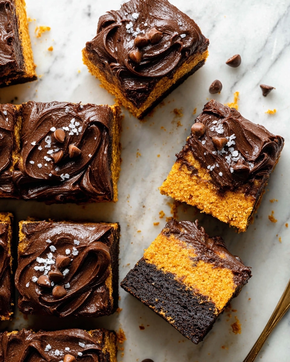 The image shows six square pieces of two-layered cake arranged on a white marbled surface, some with a slight rough texture and crumbs around. Each piece has a bottom layer that is dark brown and moist, and a top layer in bright orange with a slightly crumbly texture. On top, there is thick, glossy dark chocolate frosting with soft swirls, some sprinkled with small chocolate chips and a few flakes of sea salt for decoration. One piece is turned on its side to clearly show the contrast between the dark and orange layers inside. Photo taken with an iphone --ar 4:5 --v 7