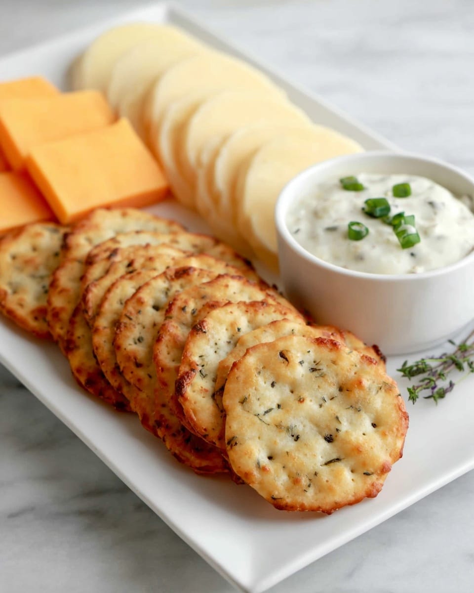 The image shows a white rectangular plate on a white marbled surface, with neat layers of snacks arranged from front to back. In the closest part, there is a stack of round crackers with a lightly browned, baked look and green herb specks, placed in a slightly overlapping line. To the left of the crackers, there is a stack of bright orange cheddar cheese slices, arranged in two neat piles. Behind the cheese, there are pale yellow cheese slices stacked in a similar way. Between the crackers and the yellow cheese, there is a small white bowl filled with creamy white dip that has small green herb pieces on top. The setup is clean and simple, with all elements looking fresh and well arranged. photo taken with an iphone --ar 4:5 --v 7