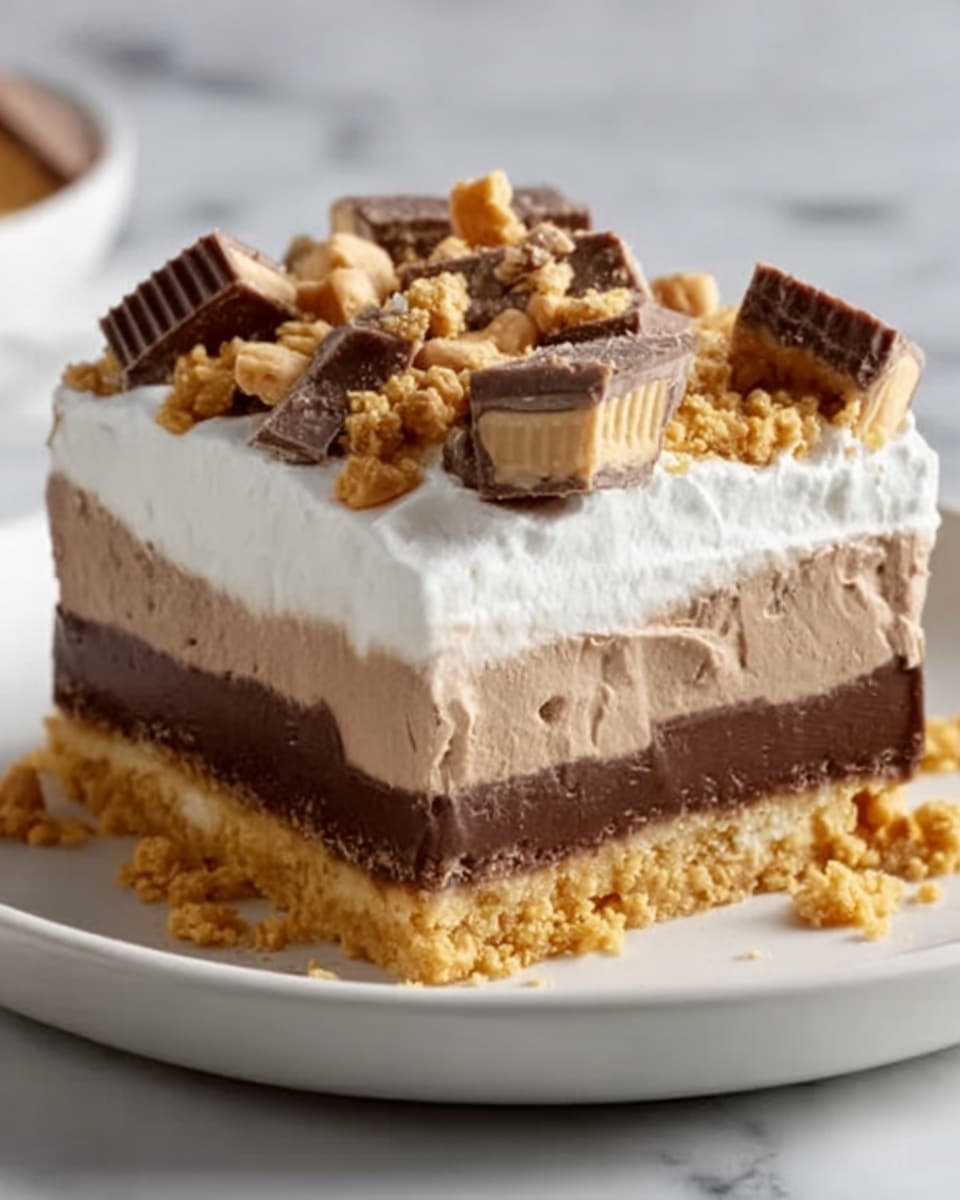 The image shows a multi-layered dessert slice served on a white plate placed on a white marbled surface. The bottom layer is a crumbly, golden-brown base, followed by a thick, smooth milk chocolate layer. Above this is a dark chocolate layer, topped with a thick, fluffy white cream layer. The top of the dessert is covered with pieces of peanut butter cups and crunchy crumbles, adding texture and color contrast. The dessert looks rich and creamy with visible layers clearly stacked. Photo taken with an iphone --ar 4:5 --v 7
