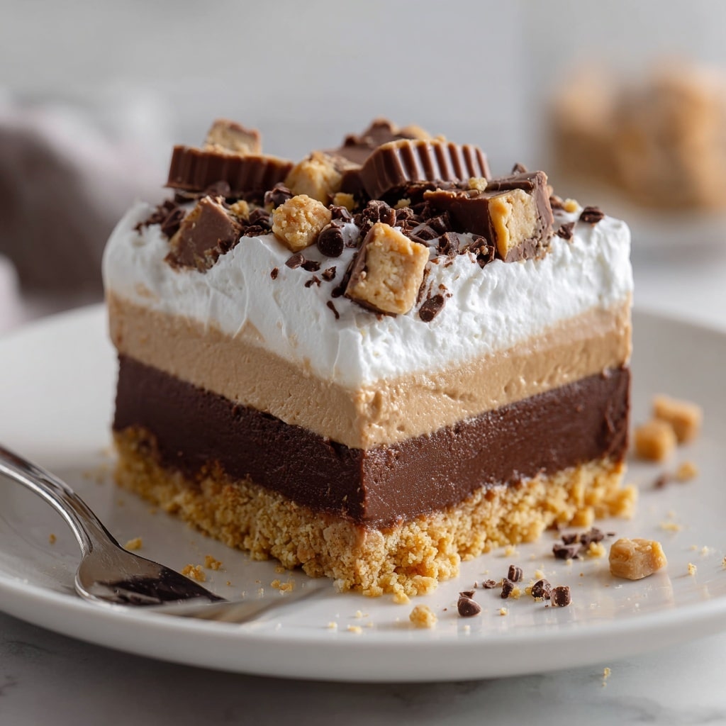 The image shows a slice of rich chocolate peanut butter bar with four clear layers on a white plate on a white marbled surface. The bottom layer is a crumbly golden brown crust, followed by a smooth light brown peanut butter layer. Above this is a thick, dark and creamy chocolate layer, topped by a fluffy white whipped cream layer. The top is sprinkled with pieces of peanut butter cups and small chocolate bits, adding a rough texture and contrast. A silver fork rests on the plate with crumbs scattered around. photo taken with an iphone --ar 4:5 --v 7