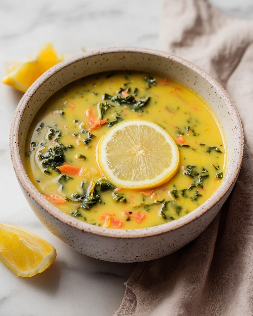 A white speckled bowl holds a yellow creamy soup filled with green kale leaves and small orange carrot pieces scattered throughout. A half lemon slice rests on the soup’s surface near the edge of the bowl. Around the bowl on a white marbled surface are two lemon wedges, and a light beige cloth is placed beside the bowl on the right side. The soup’s texture looks smooth with visible chunks of vegetables. photo taken with an iphone --ar 4:5 --v 7