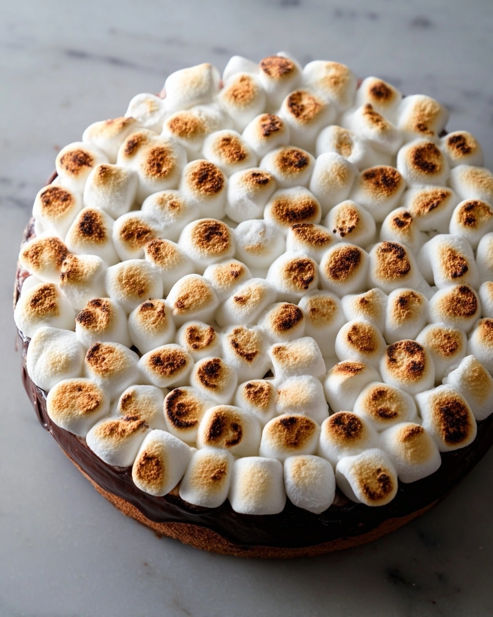 A round dessert with two visible layers: the bottom layer is dark brown and smooth, looking like melted chocolate, while the top layer is fully covered with a thick layer of small, toasted marshmallows that are white with golden brown spots on their textured, slightly puffed surfaces. The marshmallows are packed closely together, creating a soft, pillowy appearance, covering the entire top. The dessert is placed on a flat surface with a white marbled texture. Photo taken with an iphone --ar 4:5 --v 7