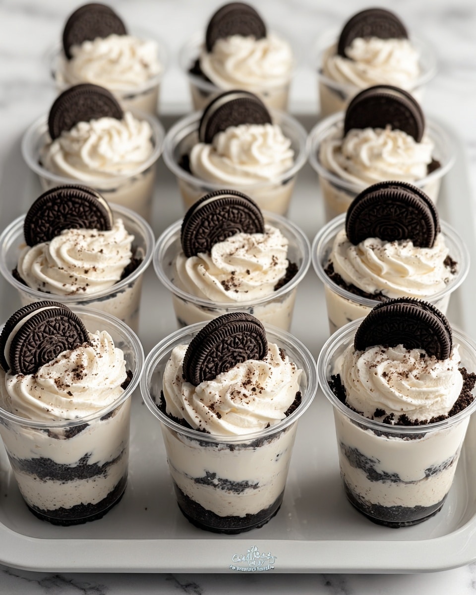 Nine small clear cups arranged on a gray tray, each with three visible layers: the bottom layer is white cream, the middle layer is crushed dark brown cookie crumbs, and the top layer is white cream shaped smoothly. Each cup is topped with a swirl of white whipped cream and a whole dark brown sandwich cookie placed straight up in the center. The tray is set on a white marbled surface. Photo taken with an iphone --ar 4:5 --v 7